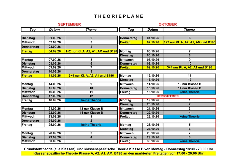 Fahrschule Addy Kriegisch – Theorieplan September und Oktober 2026